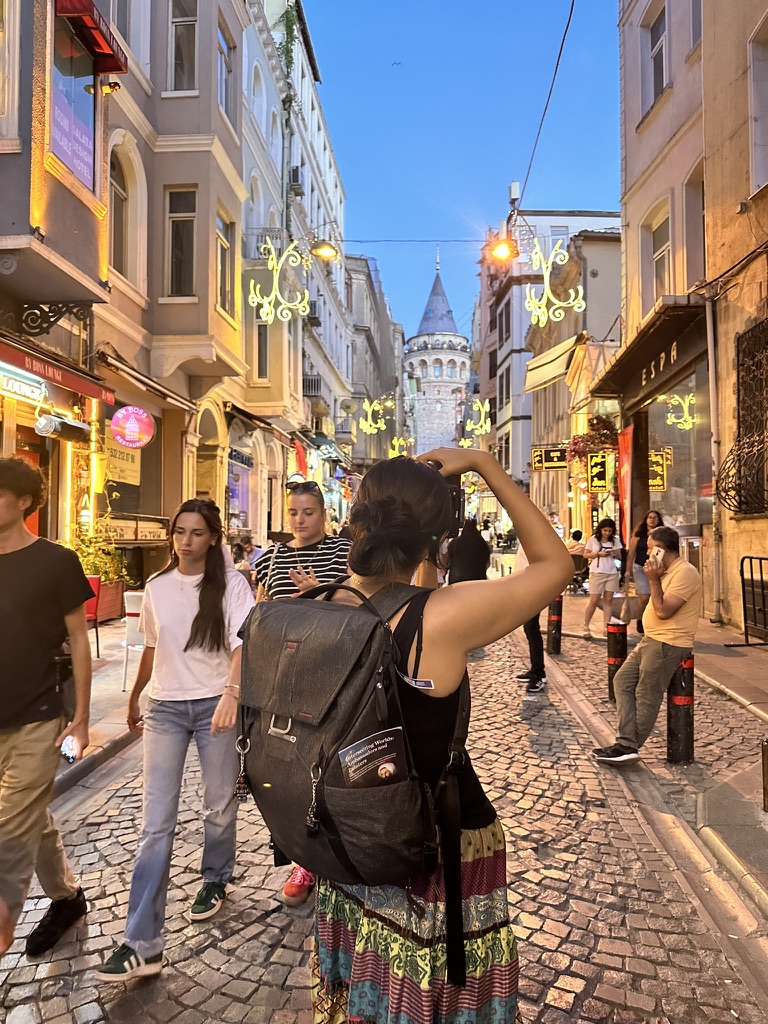 Istanbul night street with Galata Tower